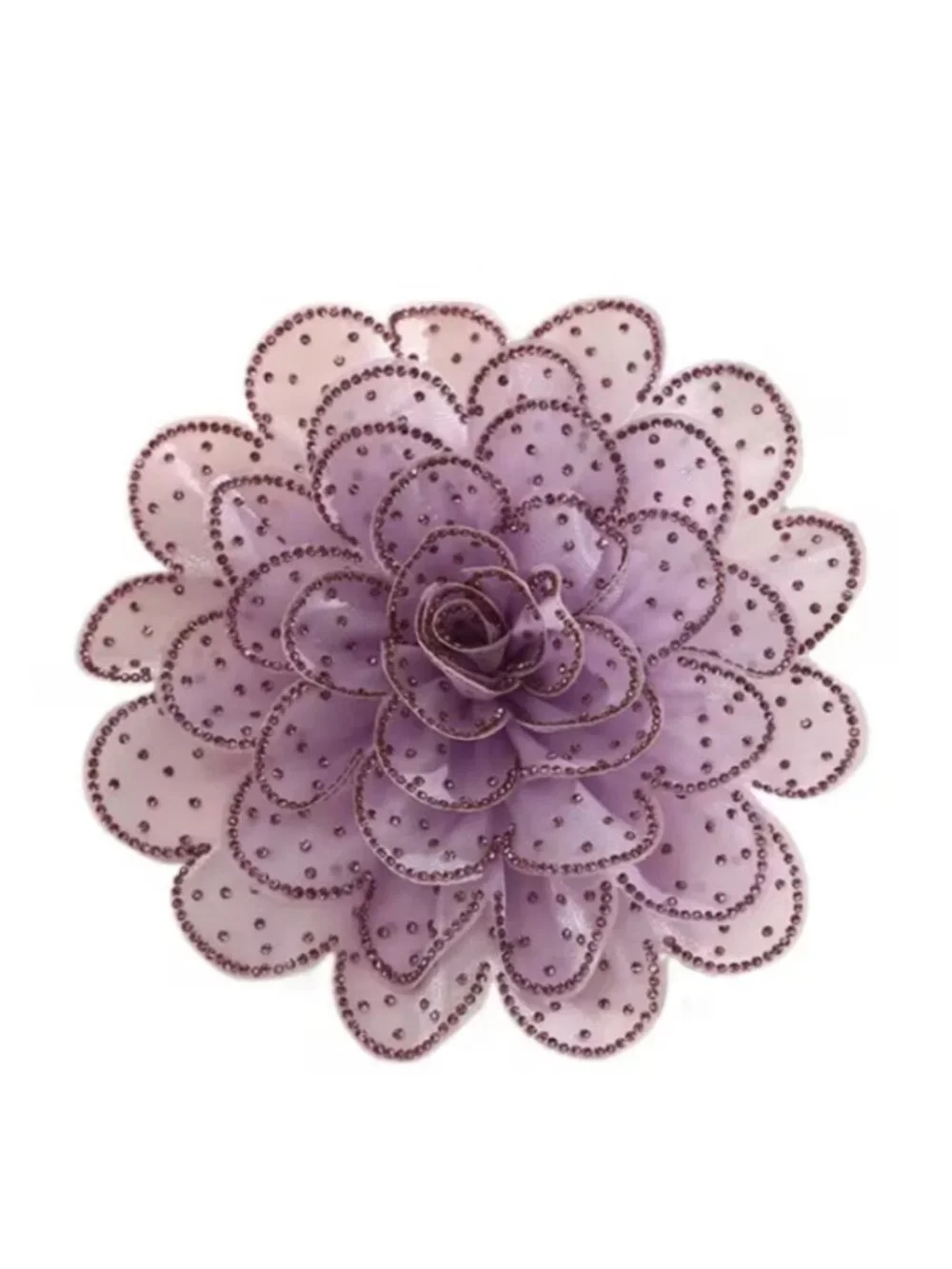 Large  Purple 3D Fabric Flower Brooch Multi‑Layer Mesh Applique with Rhinestones
